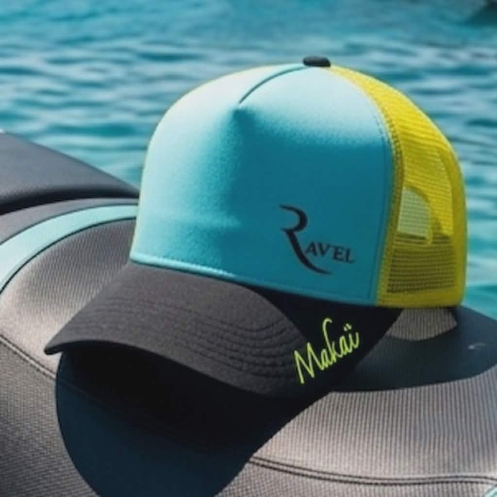 La Sportive: Casquette bleue/jaune/noire Trucker premium en édition limitée collab Makaĩ