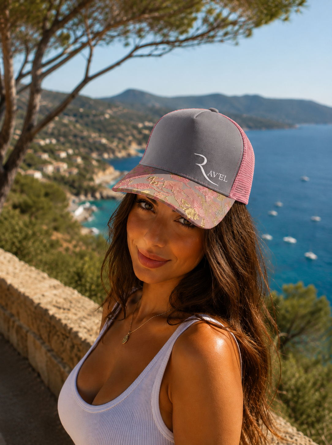Rosa Luna: Casquette rose/grise Trucker premium en édition limitée collab Makaĩ