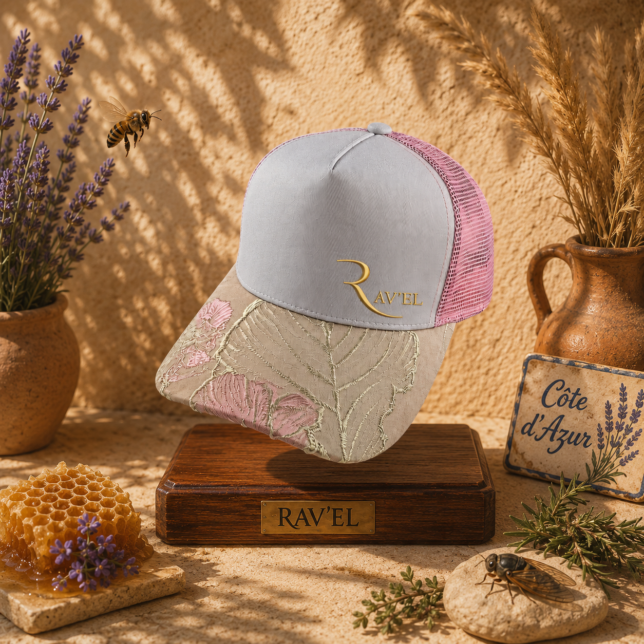 Gold Riviera: Casquette blanche/rose/dorée Trucker premium en édition limitée collab Makaĩ