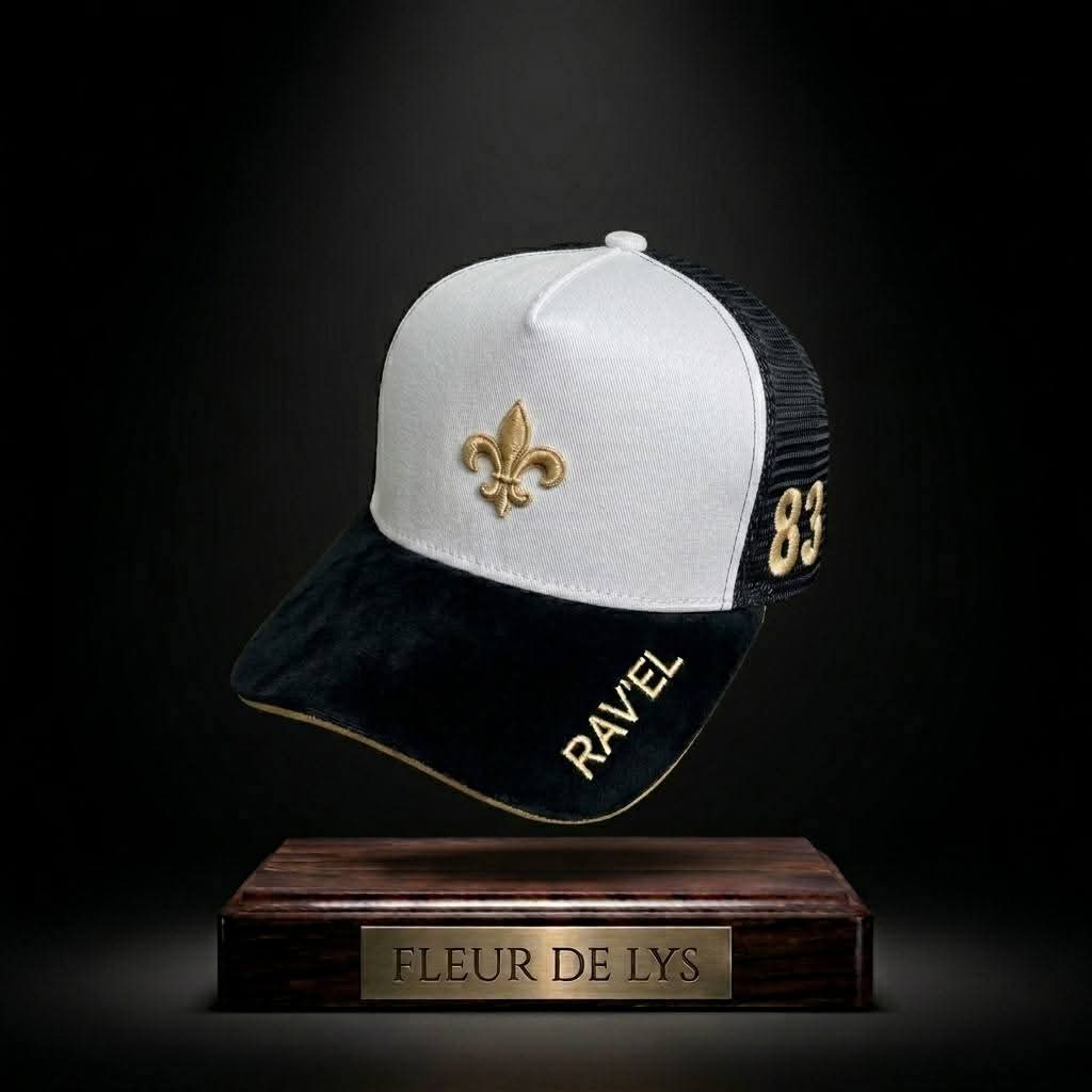 Casquette fleur de lys noire/blanche et doré premium en édition limitée à 83 exemplaires