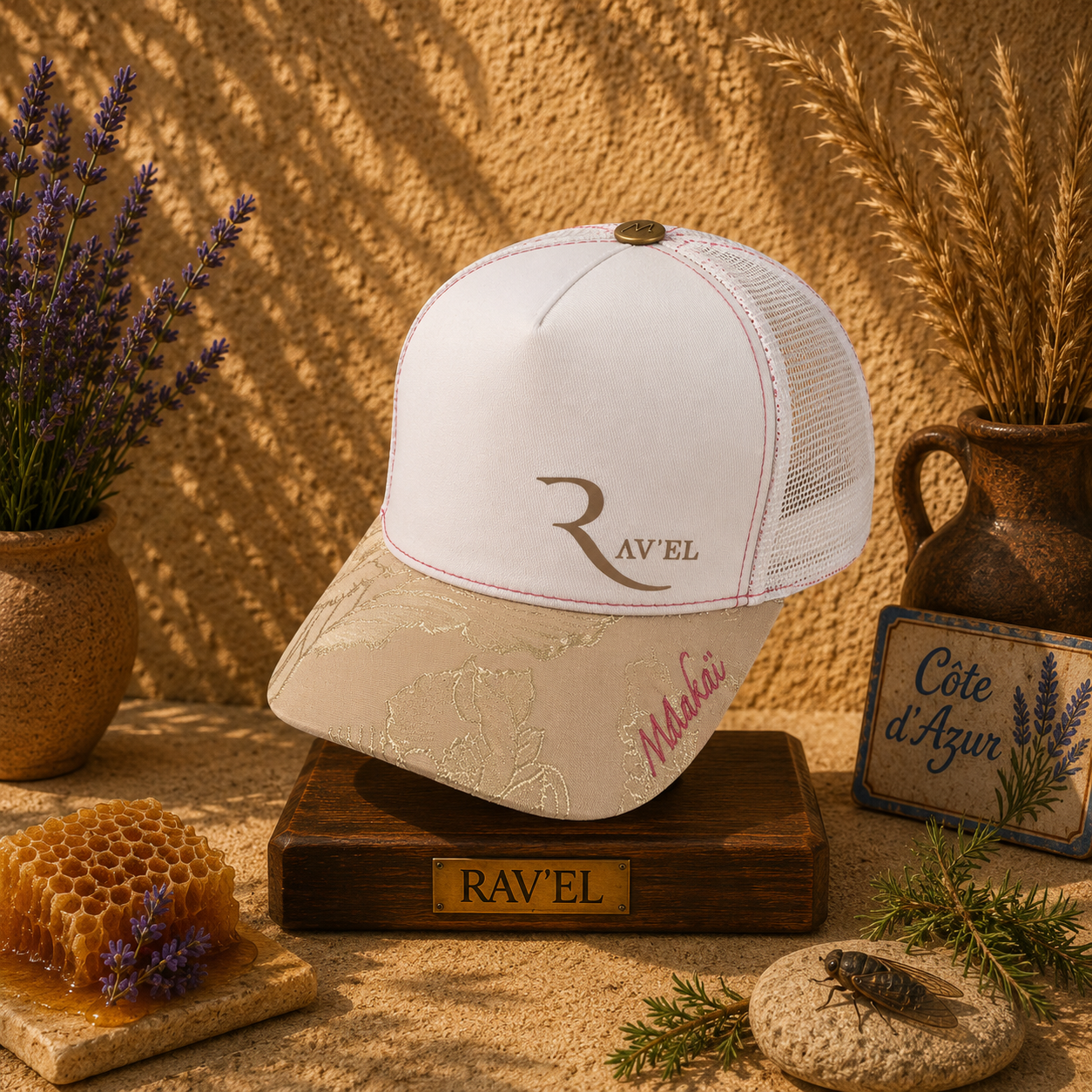 Gold Riviera: Casquette blanche/dorée/rose Trucker premium en édition limitée collab Makaĩ